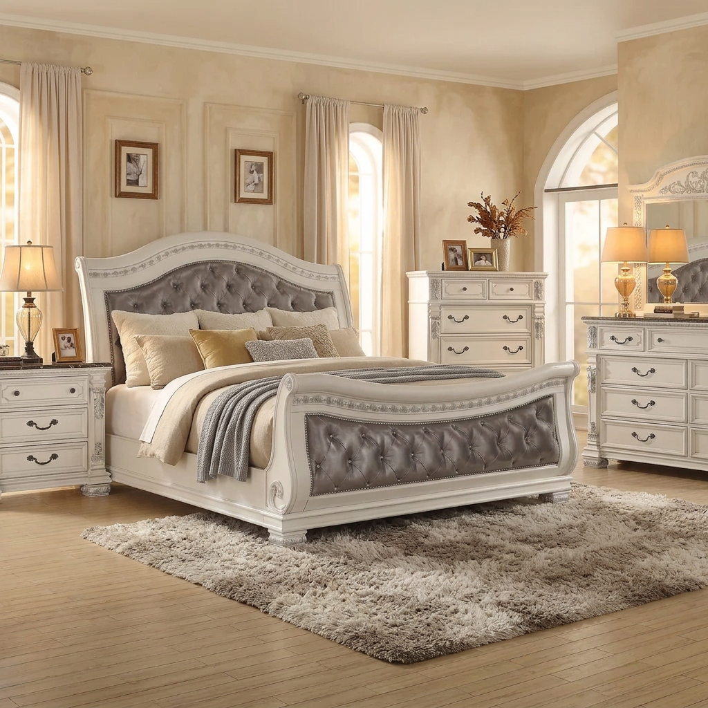 A white and gray tufted wooden bed frame with a curved headboard and footboard, styled in a modern gray bedroom with matching nightstands, a dresser, and a patterned area rug.