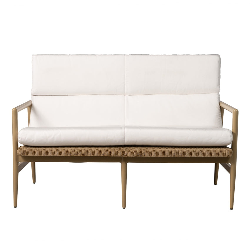 A two-seater outdoor loveseat with thick off-white cushions and a natural woven wicker seat, supported by a light wood frame with angled legs.