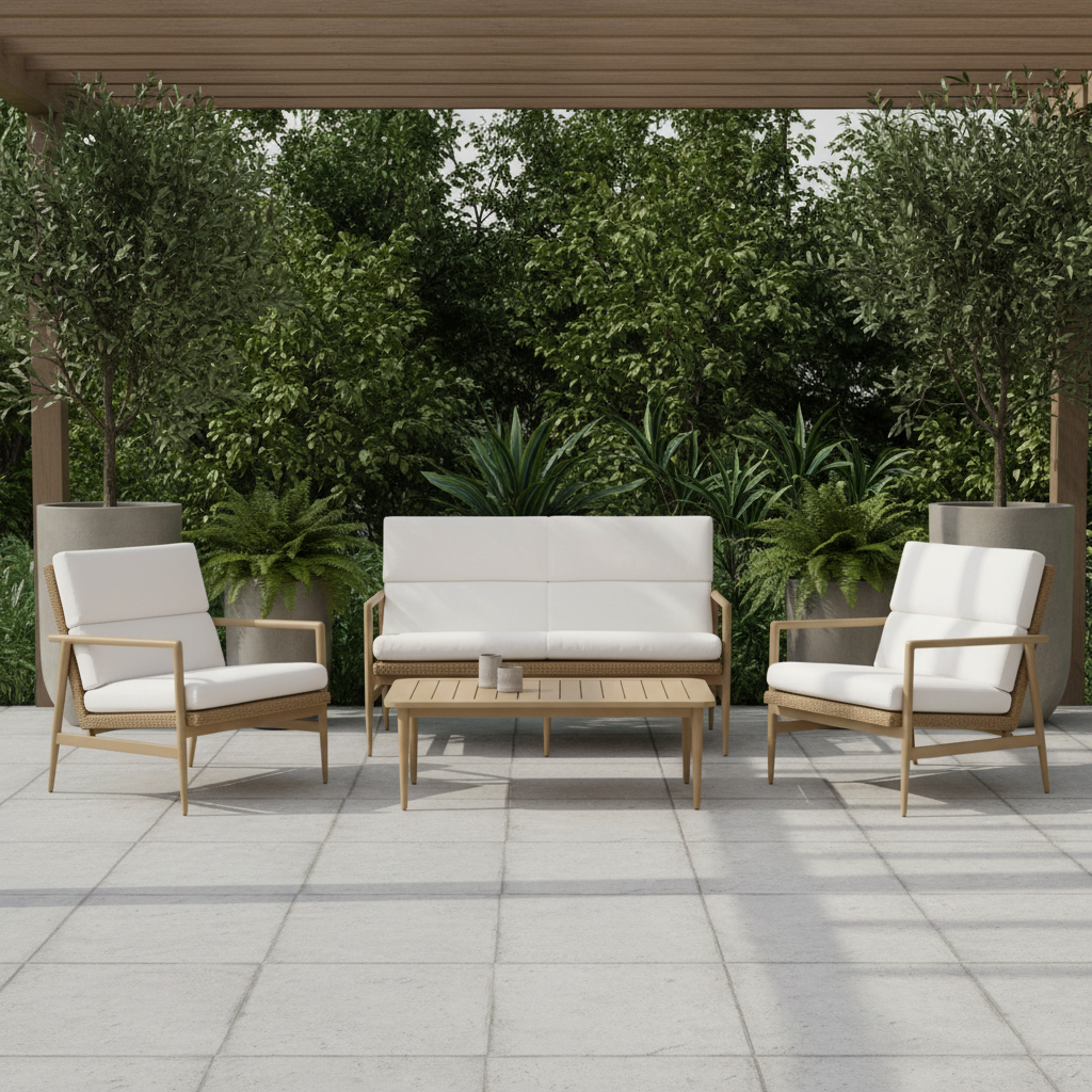 A 4-piece outdoor patio conversation set featuring a loveseat, two armchairs, and a slatted coffee table, all with light natural wood frames and off-white cushions, arranged on a tiled patio under a wooden pergola with green foliage in the background.