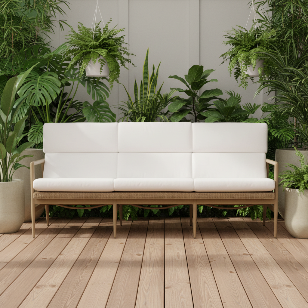 A modern outdoor sofa with white cushions and a light wood frame, set on a wooden deck with lush green potted plants in the background.