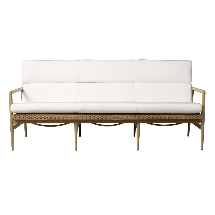 White cushioned sofa with wooden frame on a white background