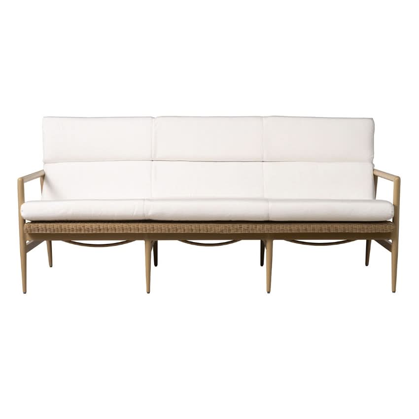 White cushioned sofa with wooden frame on a white background