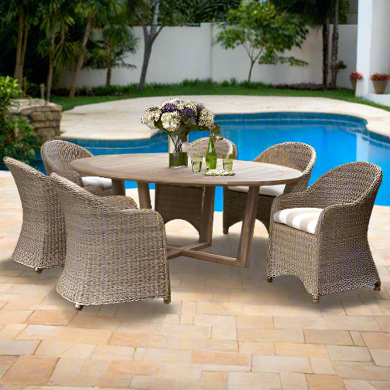 Lloyd Flanders Tobago 7 Piece Teak And Woven Vinyl Oval Dining Set