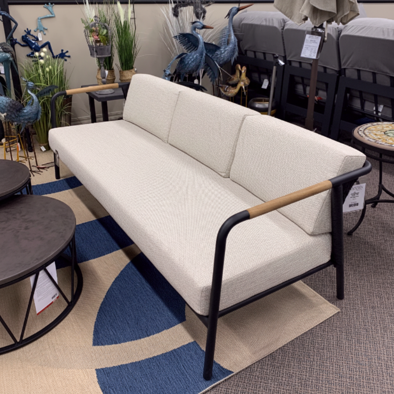 Alfresco Home Elle Belt Aluminum Outdoor 79" Sofa with Teak Arm Rests and Cushion