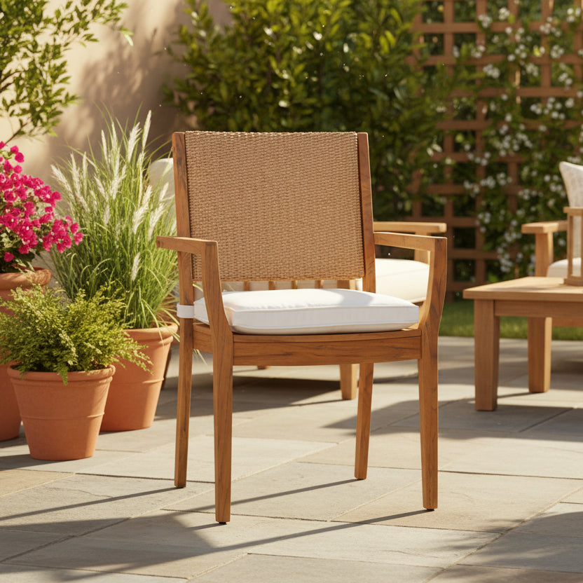 Lloyd Flanders Teak Loom Back Outdoor Dining Armchair