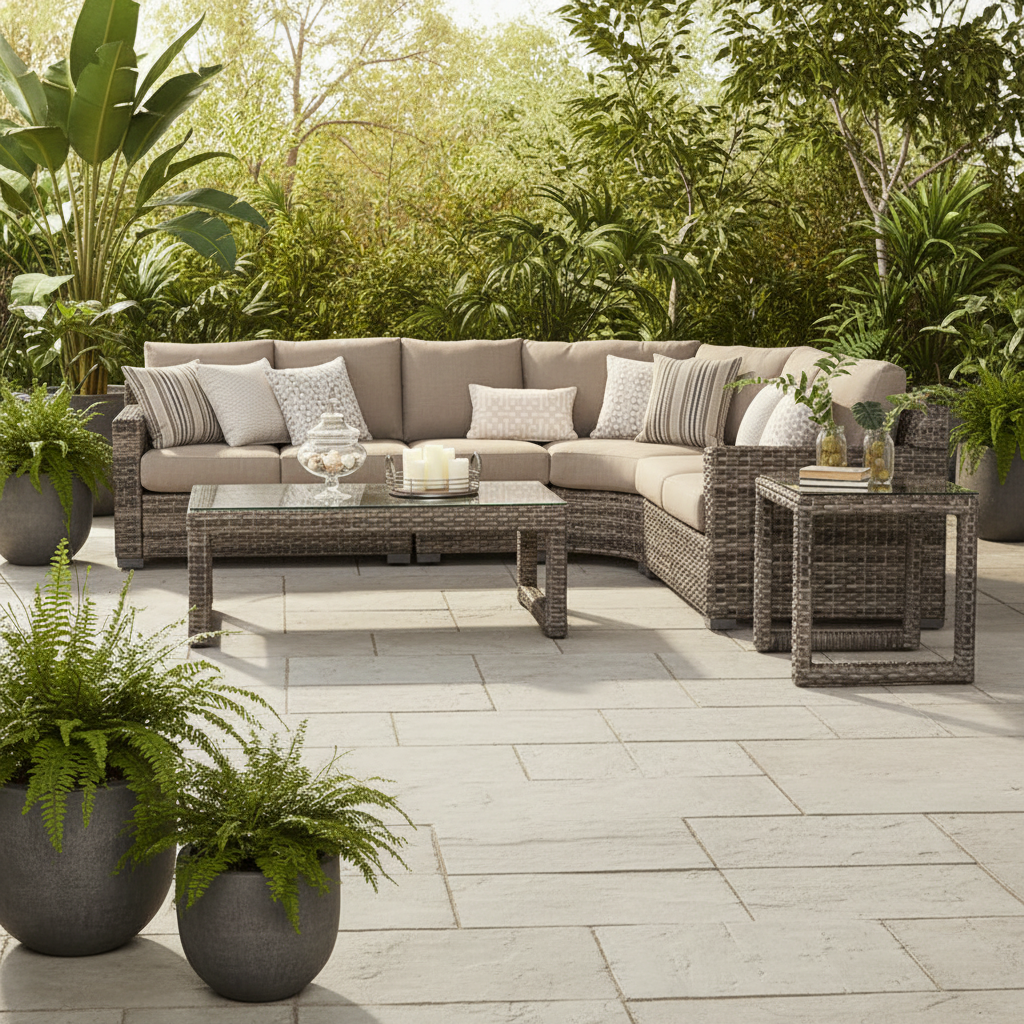 South Sea Rattan New Java Resin Wicker 7-Person Outdoor Wedge Corner Sectional Living Set