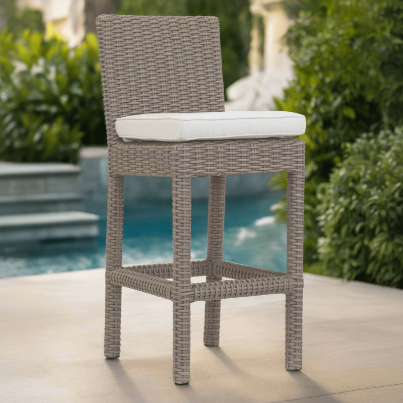 Sunset West Coronado Wicker Outdoor Bar Stool With Cushions in Canvas Flax w/ Self Welt