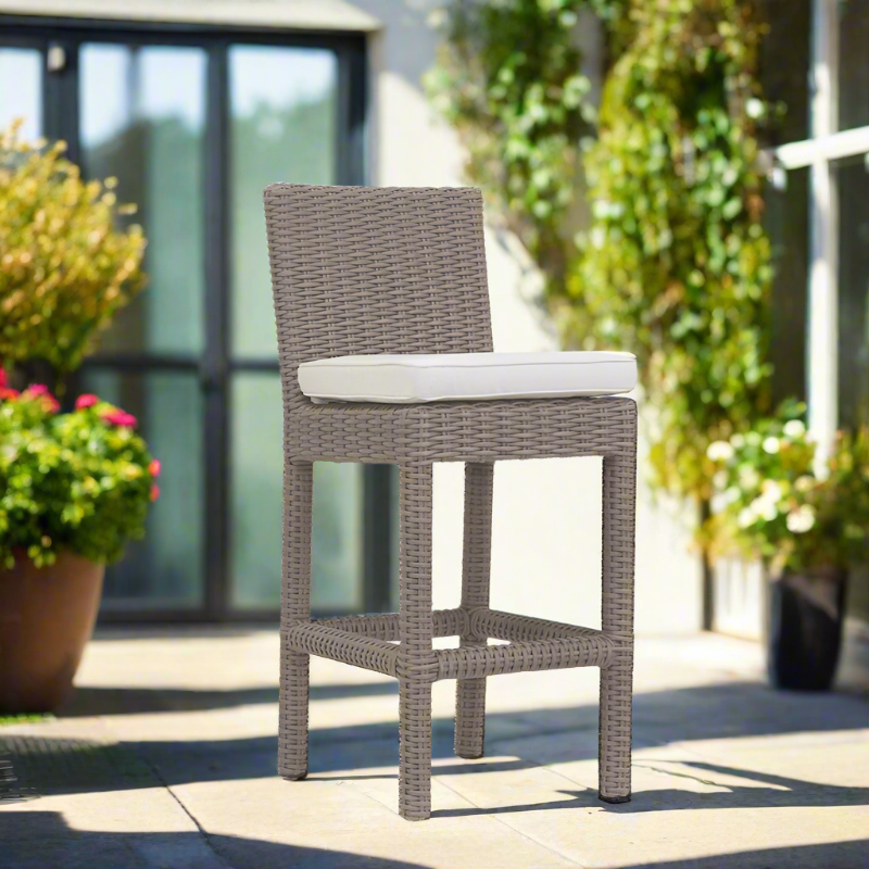 Sunset West Coronado Wicker Outdoor Bar Stool With Cushions in Canvas Flax w/ Self Welt