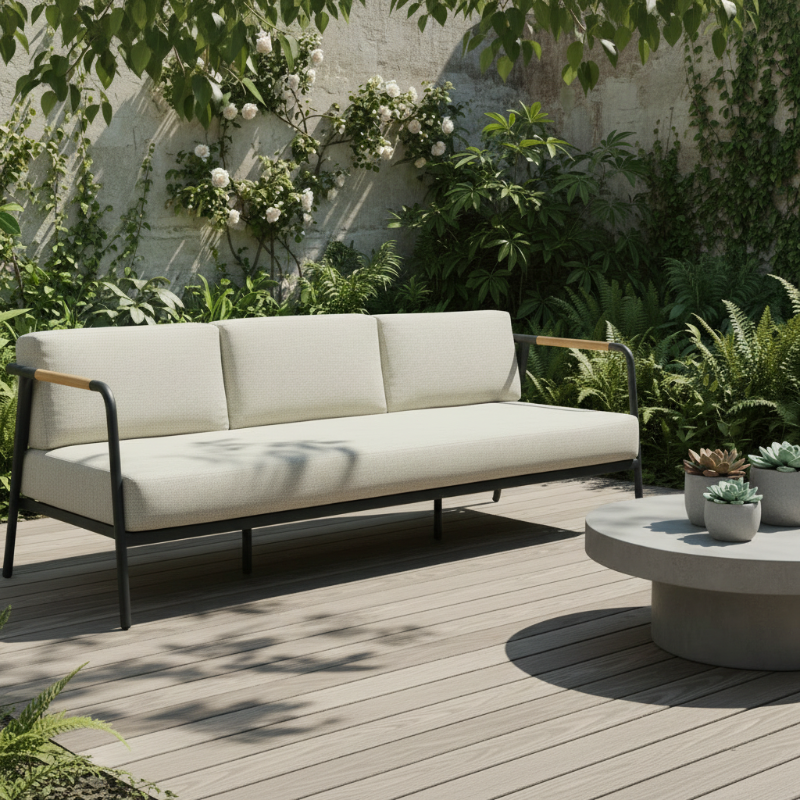 Alfresco Home Elle Belt Aluminum Outdoor 79" Sofa with Teak Arm Rests and Cushion