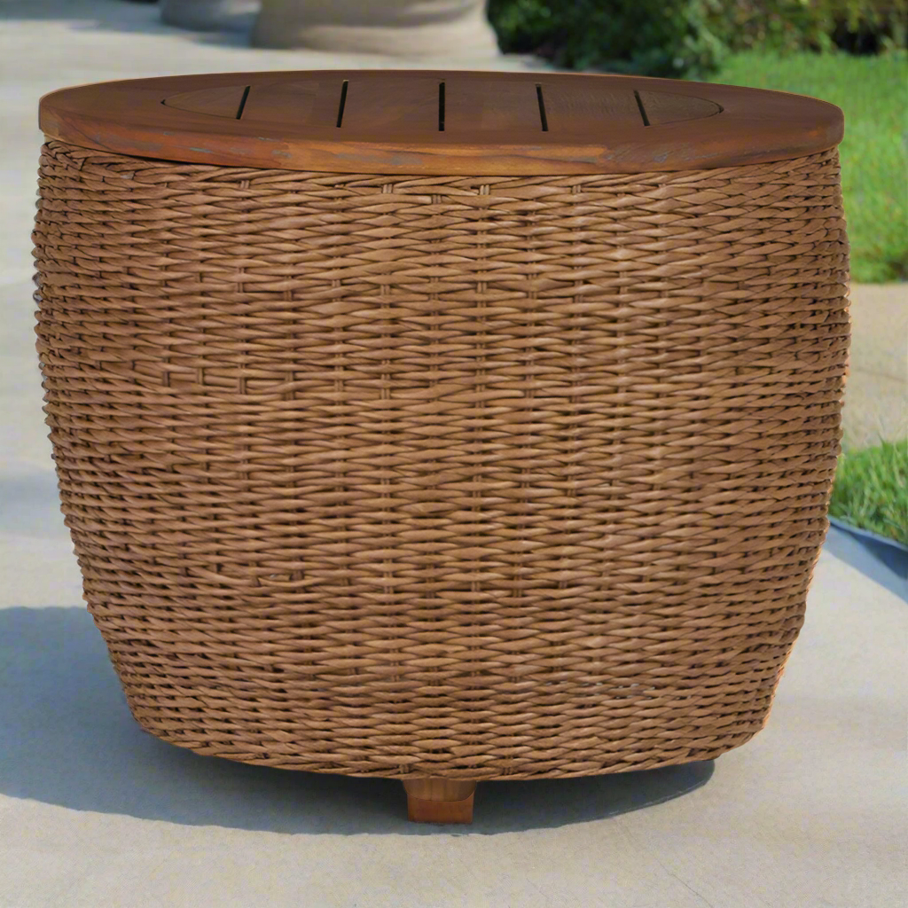 Lloyd Flanders Tobago Woven Vinyl & Teak Outdoor 24" Round Barrel End Table