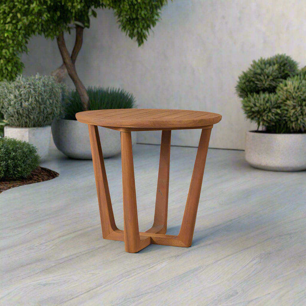 Lloyd Flanders Tobago 24" Round Teak End Table (Sled Base)