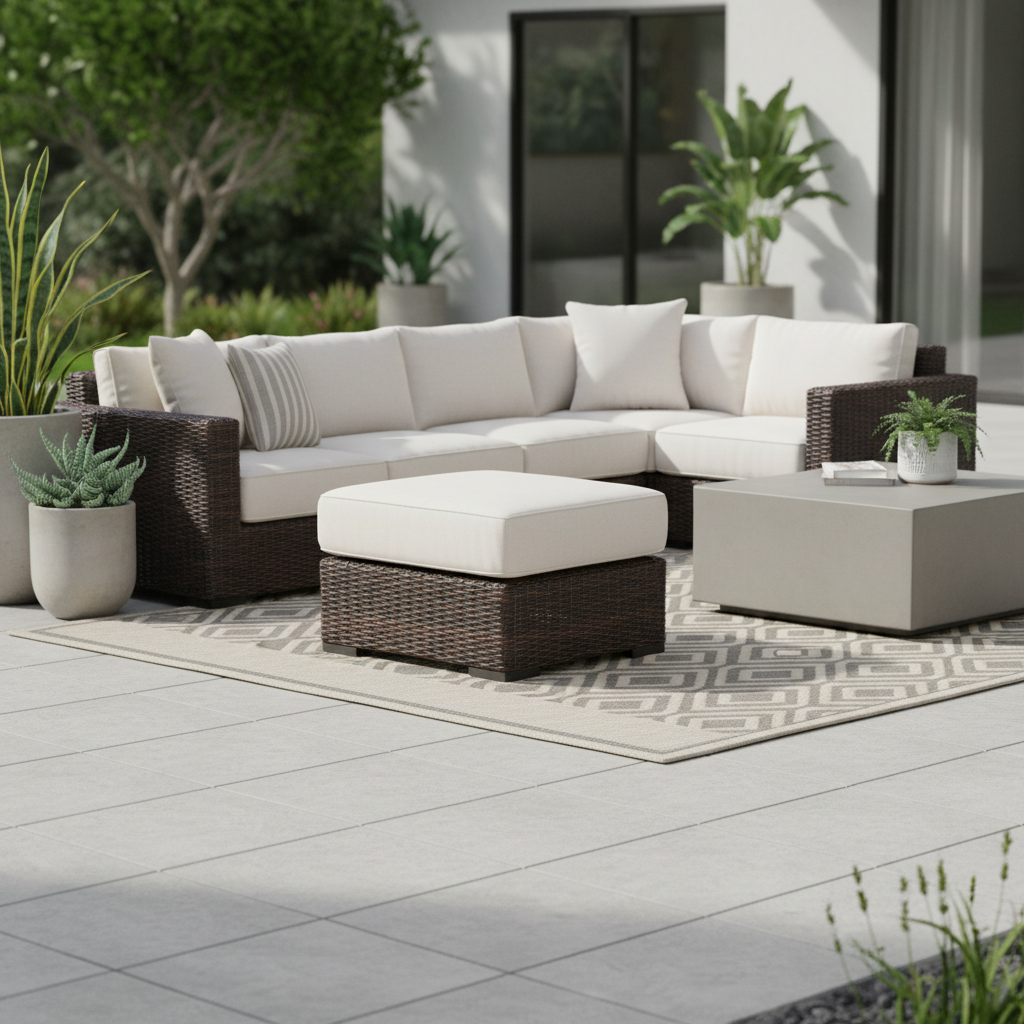 Sunset West Montecito Wicker Outdoor Ottoman in Canvas Flax w/ Self Welt