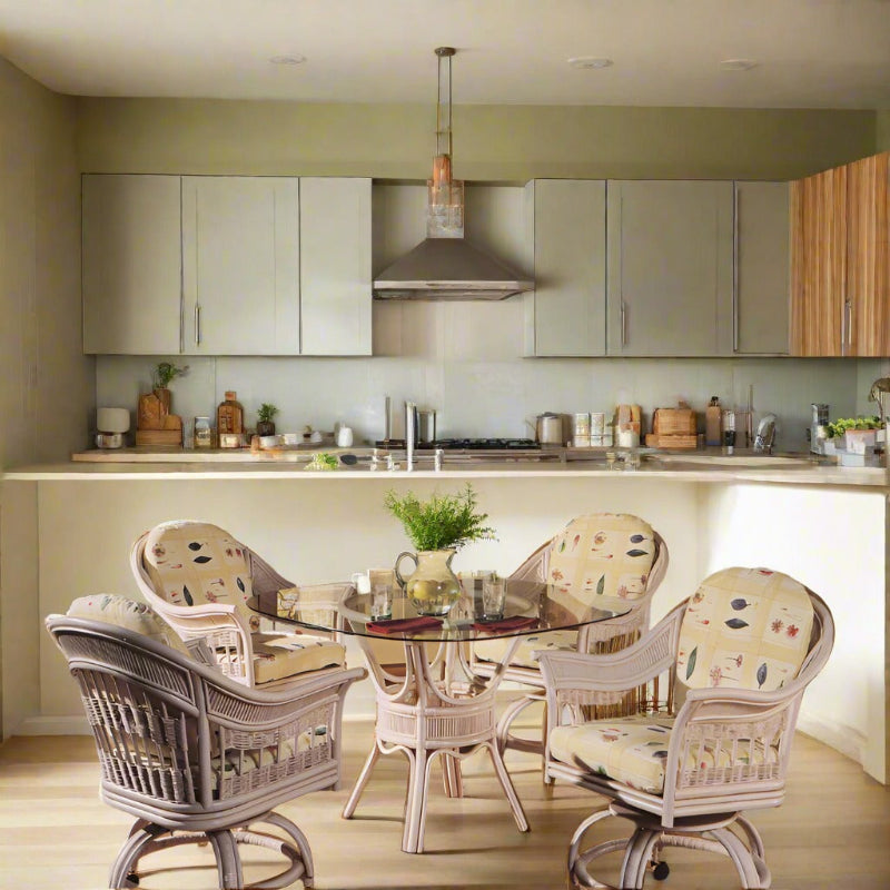 South Sea Rattan Bermuda Wicker Indoor 4-Person Dining Room Set With Swivel Caster Chairs