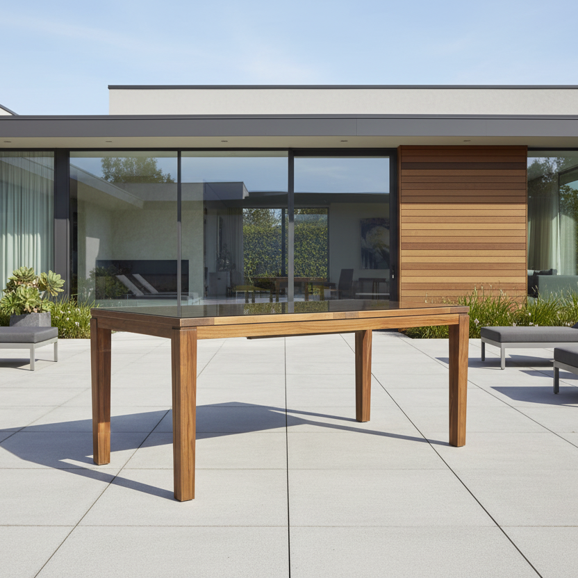 Lloyd Flanders Teak Outdoor 63–84" Butterfly Leaf Umbrella Dining Table