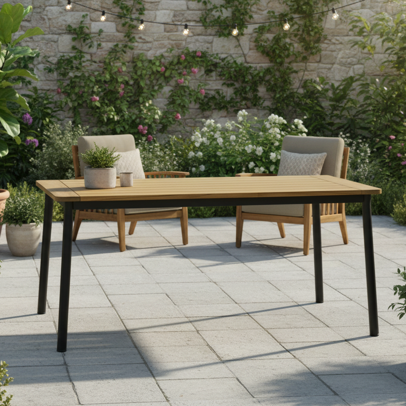 Alfresco Home Meridian Teak Outdoor Dining Table 71″ Rectangular with Umbrella Hole