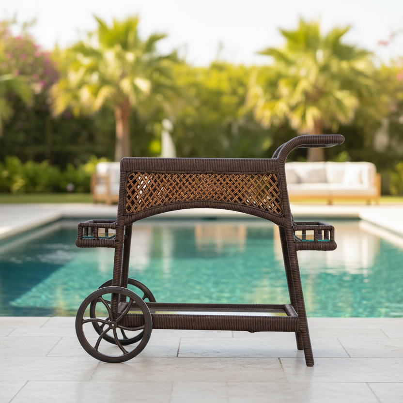 Lloyd Flanders Grand Traverse Wicker Outdoor Bar Cart with Lay-On Glass