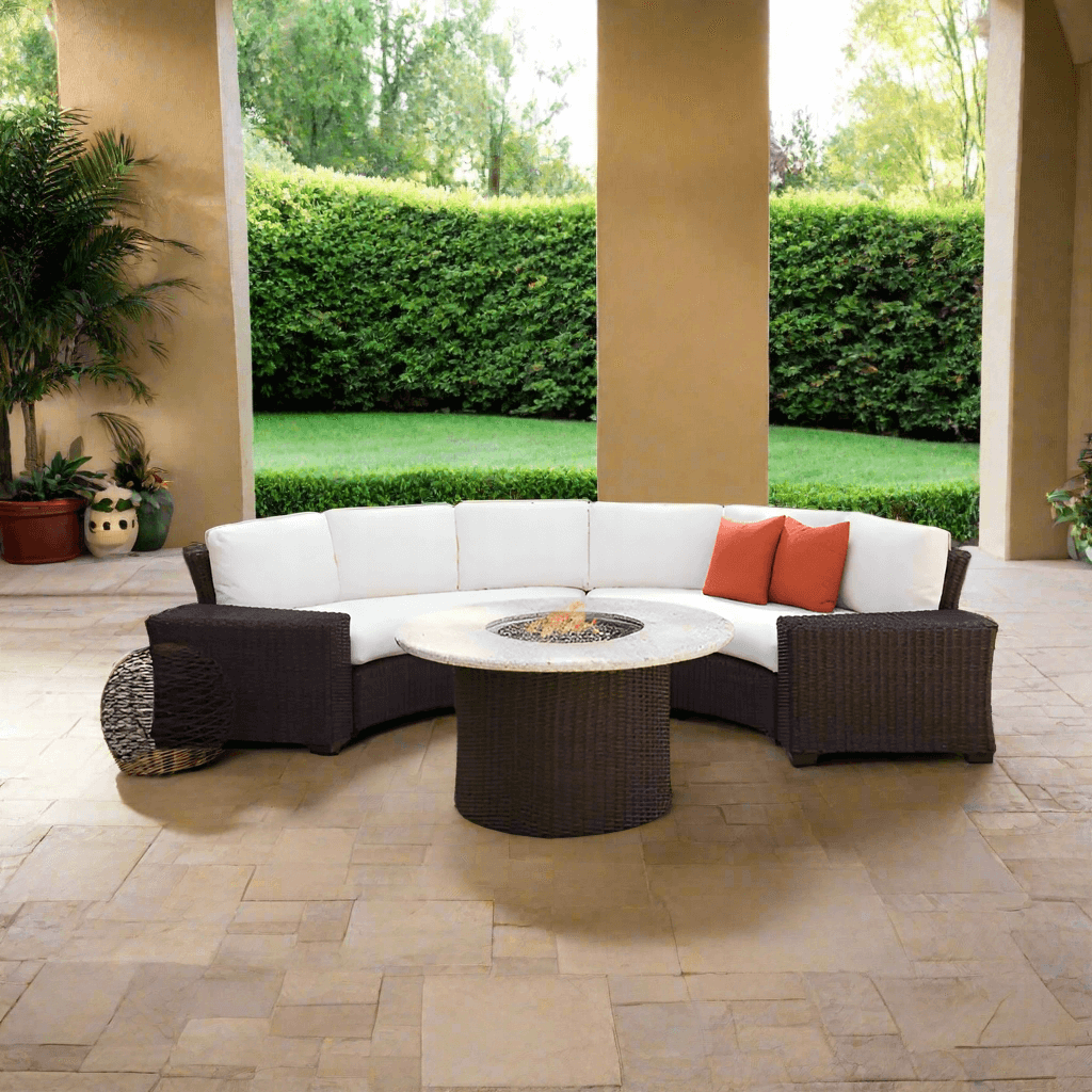 Lloyd Flanders Mesa 5 Piece Woven Vinyl Curved Sectional Set With Fire Table