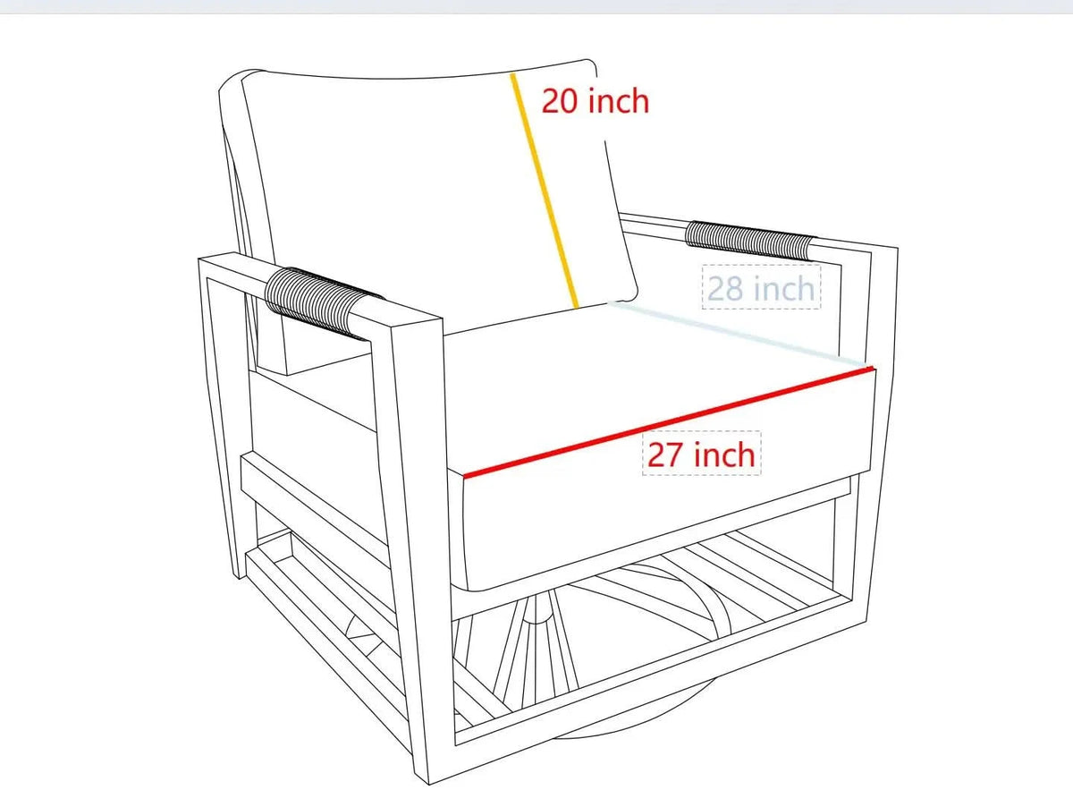 A line drawing of an outdoor swivel glider chair with dimension annotations showing a backrest height of 20 inch, seat width of 27 inch, and armrest depth of 28 inch.
