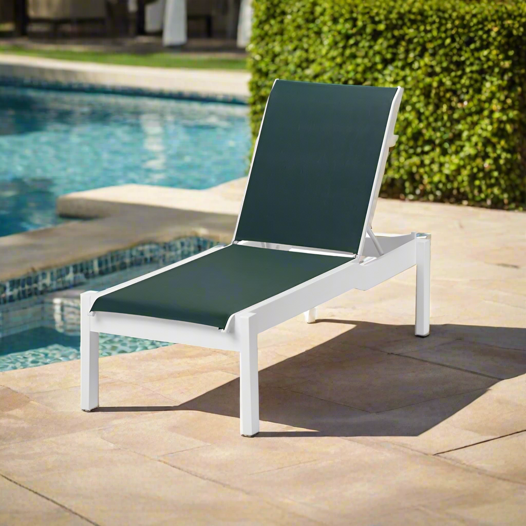 Telescope Casual Leeward MGP Sling Lay-Flat Stacking Armless Long Frame Chaise w/ Wheels