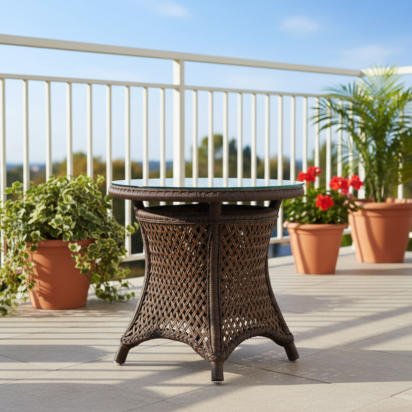 Lloyd Flanders Grand Traverse Wicker Outdoor 24" Round End Table with Lay‑On Glass