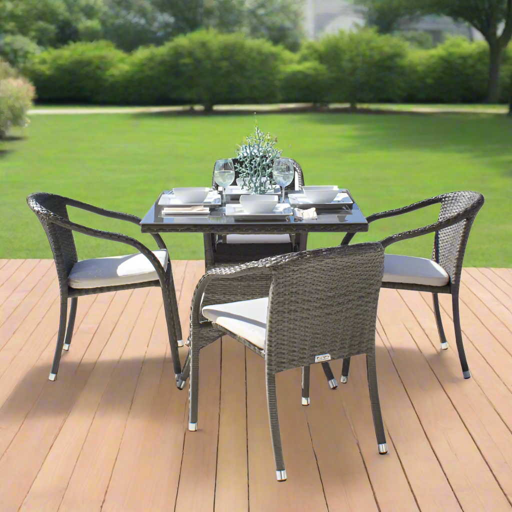Hospitality Rattan Spectrum Wicker Outdoor 4-Person Stackable Woven Armchair Dining Set with Cushions