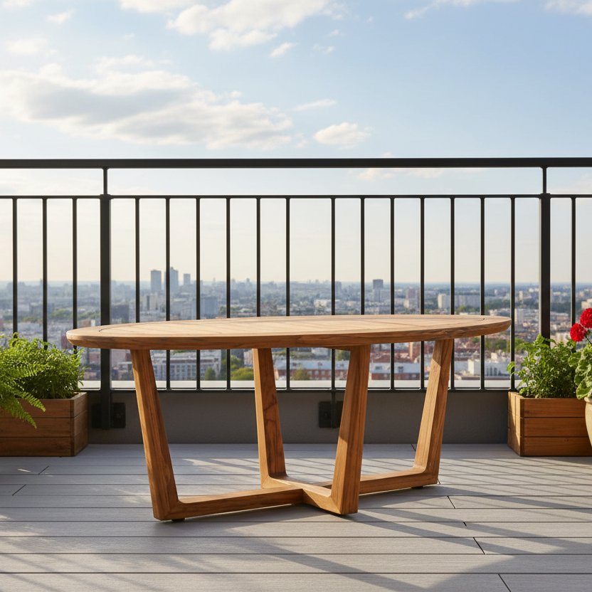 Lloyd Flanders Teak Outdoor 48" Oval Sled Base Cocktail Table
