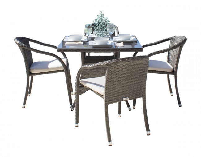 Hospitality Rattan Spectrum 5-Piece Stackable Woven Armchair Dining Set with Cushions