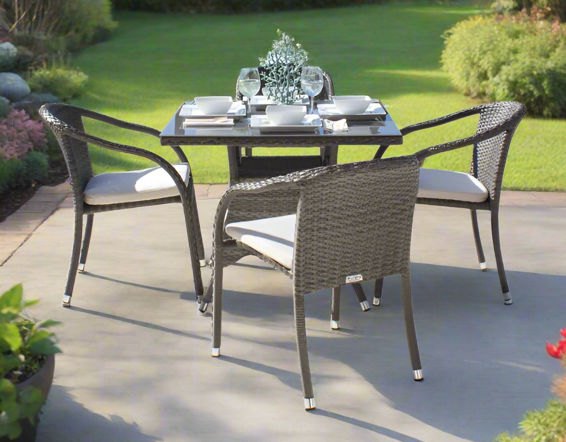 Hospitality Rattan Spectrum Wicker Outdoor 4-Person Stackable Woven Armchair Dining Set with Cushions