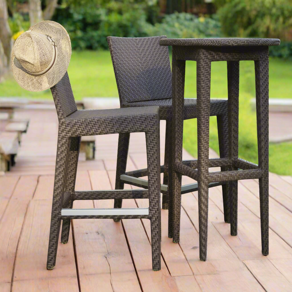 Hospitality Rattan Atlantis Wicker Outdoor 2-Person Pub & Barstool Set with Cushions