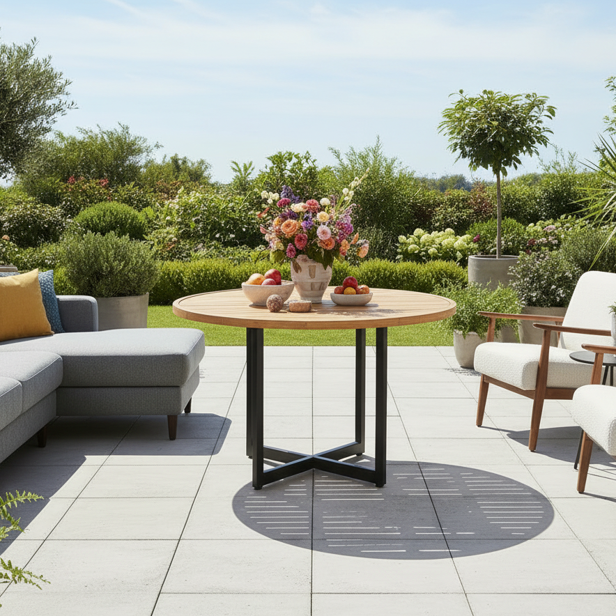 Alfresco Home Jakarta Teak Aluminum Outdoor 47" Round Dining Table with Umbrella Hole