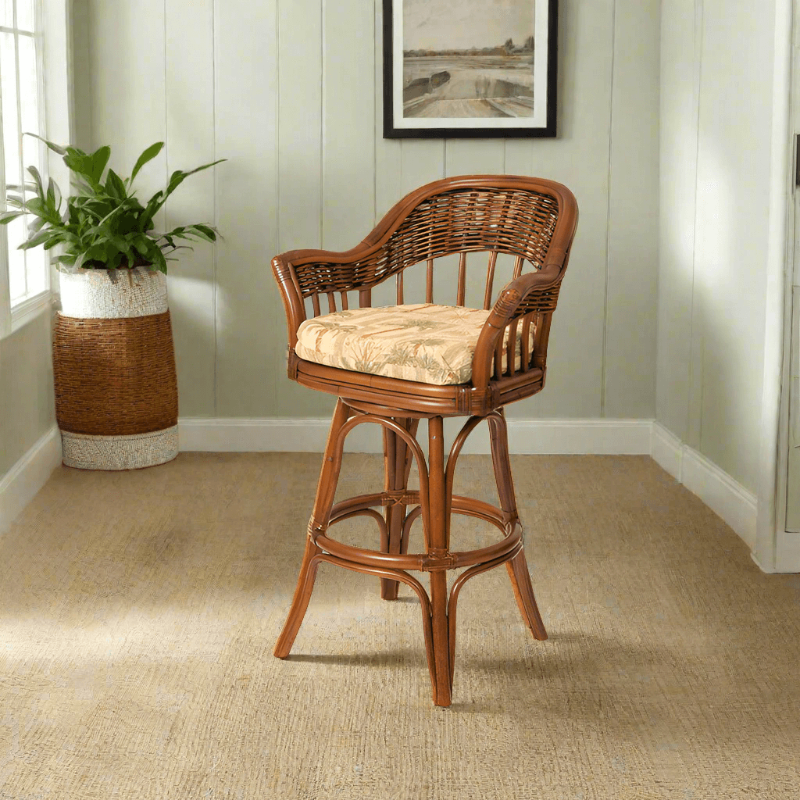 Alexander & Sheridan Bridgeport Natural Rattan Indoor 24" Bar Stool with Cushion