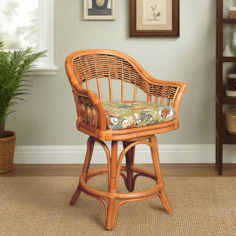 Alexander & Sheridan Bridgeport Natural Rattan Indoor 24" Bar Stool with Cushion