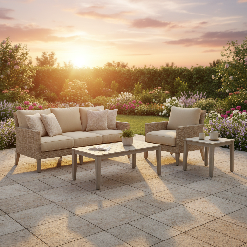 Alfresco Home Cornwall Woven Wood Outdoor 4-Person Deep Seating Conversation Set with Cushions