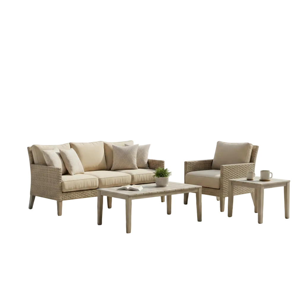 Alfresco Home Cornwall Woven Wood Outdoor 4-Person Deep Seating Conversation Set with Cushions