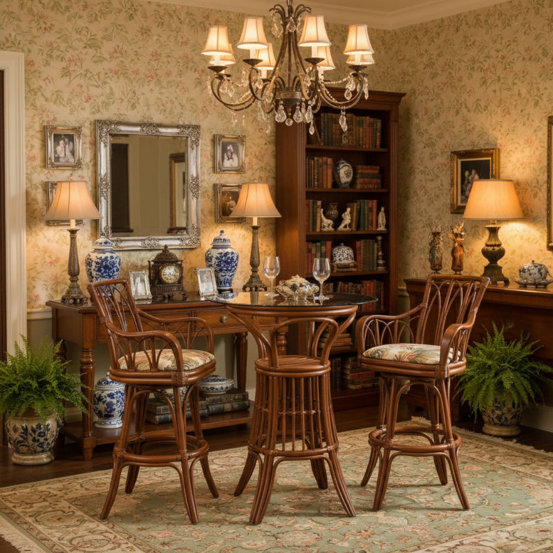 Alexander & Sheridan Cuba Rattan Indoor 2-Person Pub Set with Arms and Cushions