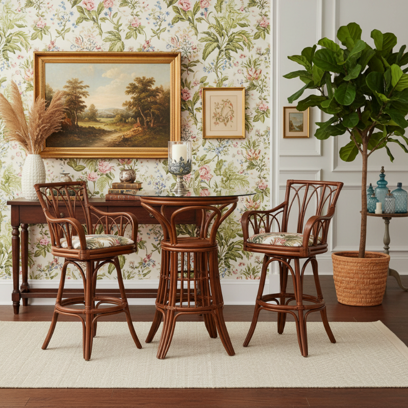 Alexander & Sheridan Cuba Rattan Indoor 2-Person Pub Set with Arms and Cushions