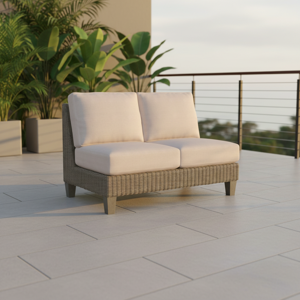 A two-seat outdoor sofa with light beige cushions and a textured gray-brown woven frame, shown on a modern outdoor patio