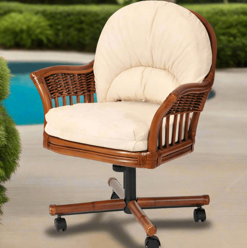Alexander & Sheridan Bridgeport Natural Rattan Indoor Tilt Swivel Caster Dining Chair with Cushion
