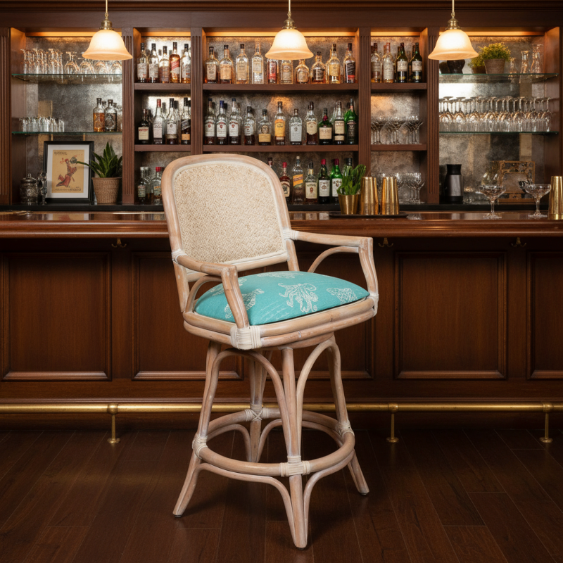 Alexander & Sheridan Cayman 24" Rattan Indoor Bar Stool with Arms and Cushion