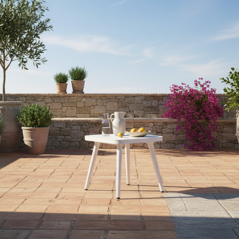 A small white outdoor side table with three legs stands on a terracotta tiled patio. On the table are a glass bottle, a white pitcher, and a plate with lemons.