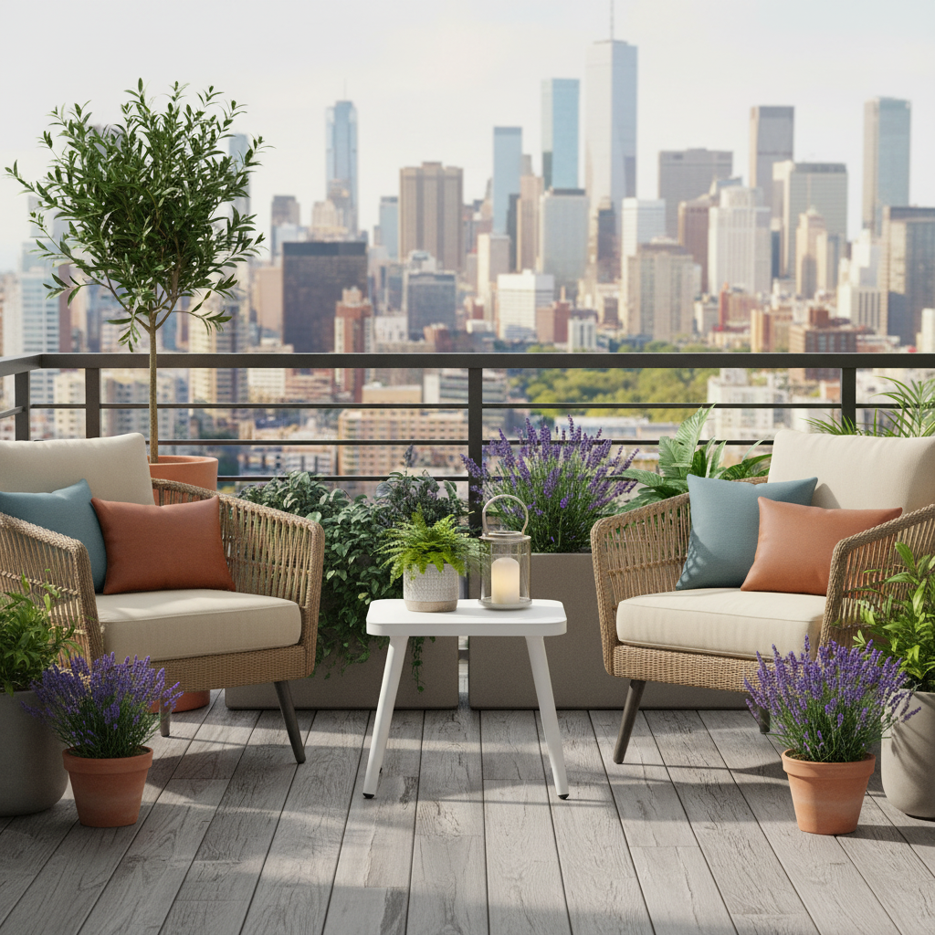 A styled outdoor patio seating area with two wicker armchairs, cream cushions, blue and rust accent pillows, a small white side table with candles, and potted lavender and green plants, set against a blurred city skyline background.