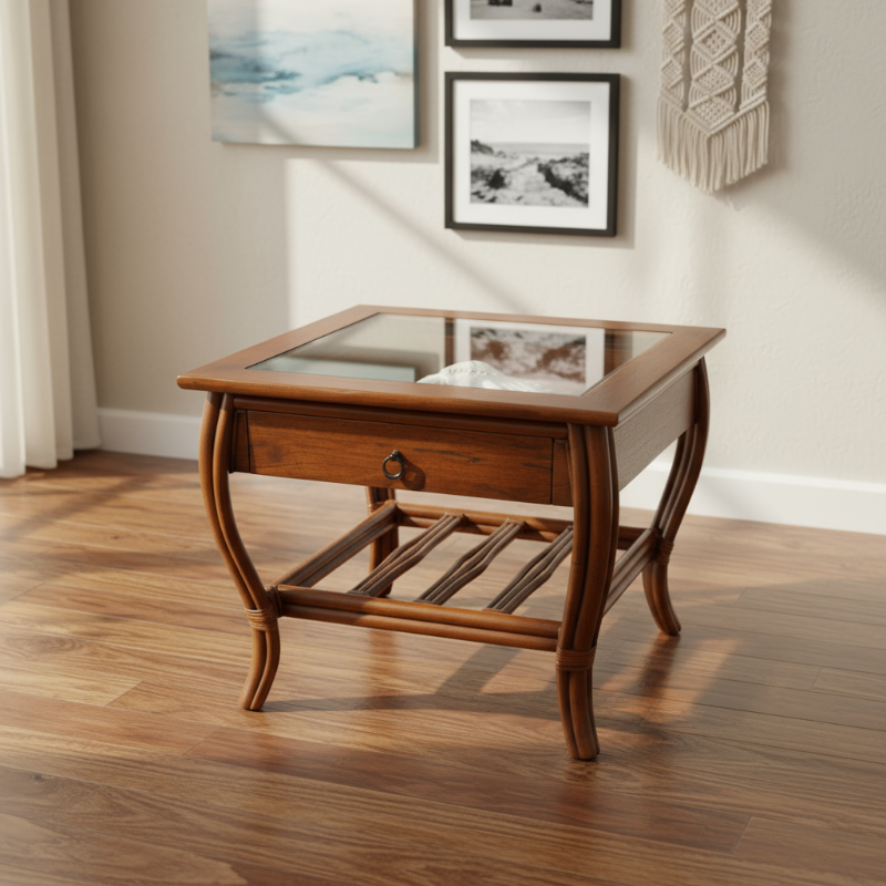 Alexander & Sheridan Cuba Rattan Indoor End Table with Glass Top and Drawer