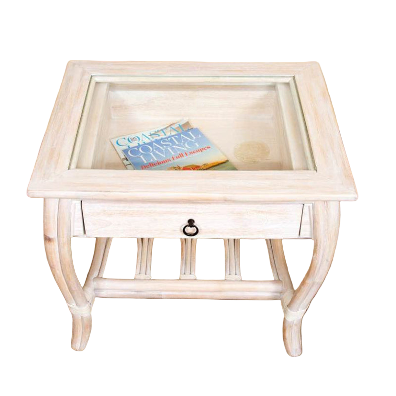 Alexander & Sheridan Cuba Rattan Indoor End Table with Glass Top and Drawer