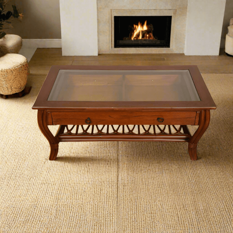 Alexander & Sheridan Cuba Rattan Indoor Cocktail Table with Glass Top and Drawer