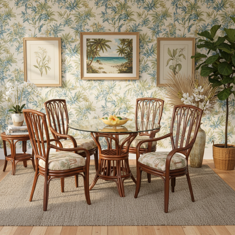 Alexander & Sheridan Cuba Rattan Indoor 4-Person Dining Set with Dining Armchairs and Cushions
