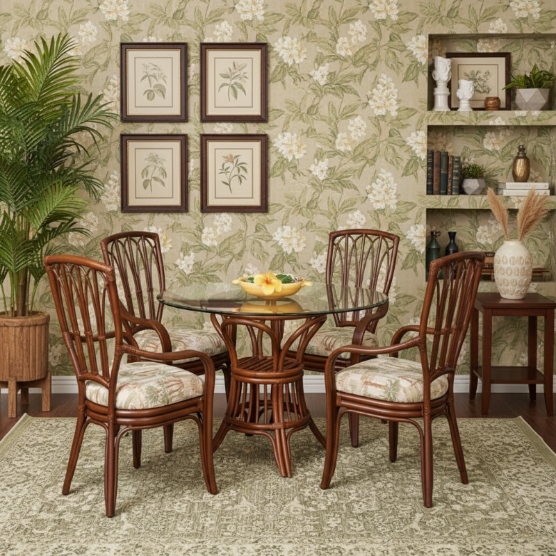Alexander & Sheridan Cuba Rattan Indoor 4-Person Dining Set with Dining Armchairs and Cushions
