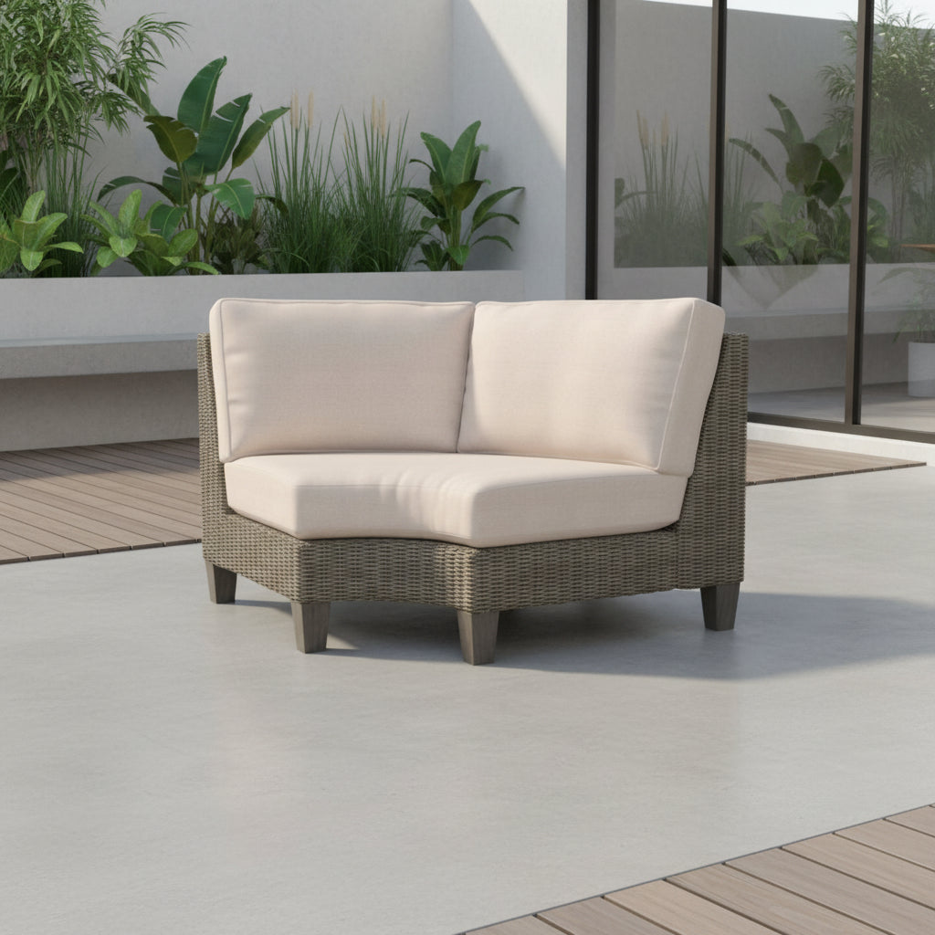 South Sea Rattan Timberline Wicker Outdoor Wedge Corner in a modern space background