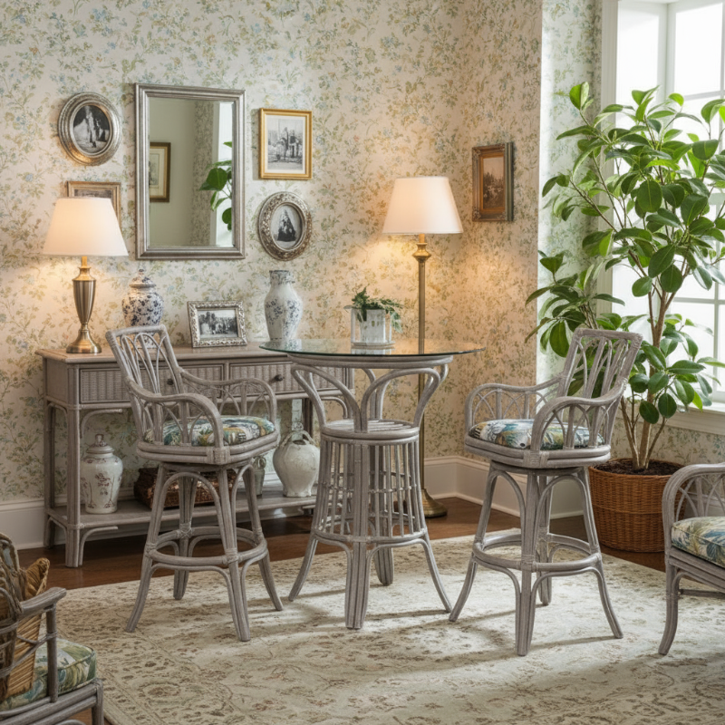 Alexander & Sheridan Cuba Rattan Indoor 2-Person Pub Set with Arms and Cushions
