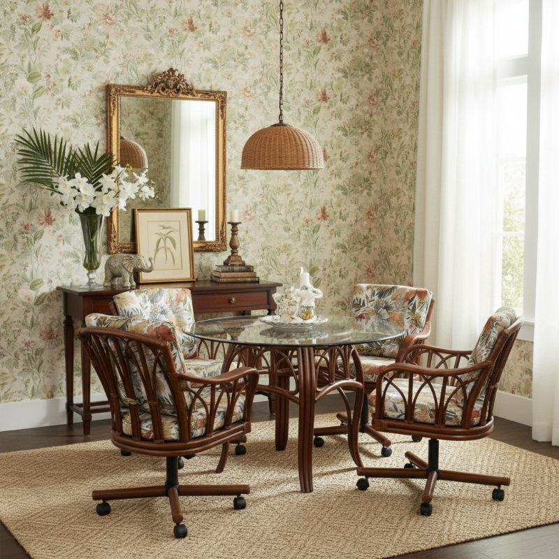 Alexander & Sheridan Cuba Rattan Indoor 4-Person Tilt Swivel Caster Dining Set with Cushions