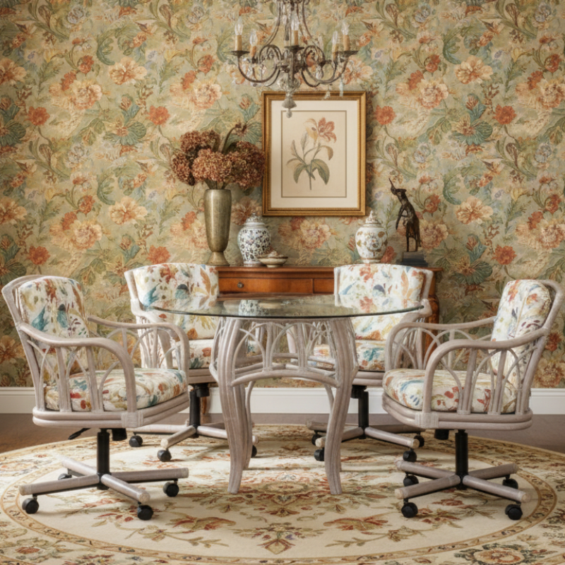 Alexander & Sheridan Cuba Rattan Indoor 4-Person Tilt Swivel Caster Dining Set with Cushions
